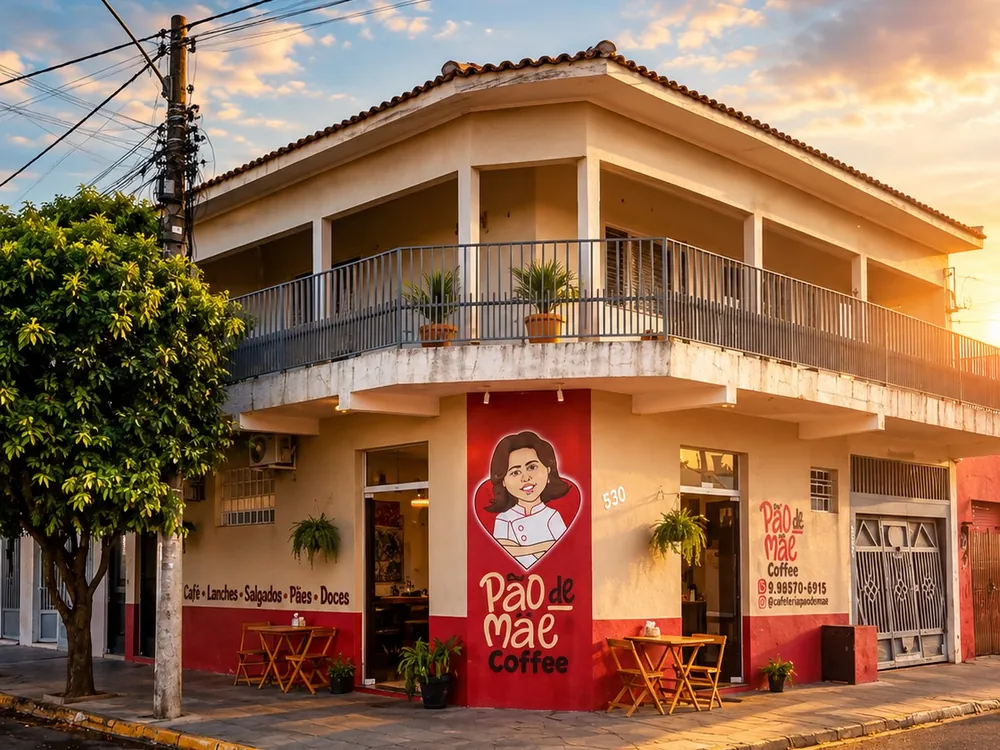 Fachada da Cafeteria Pão de Mãe, com o número 530, mesinhas na calçada e o desenho da mãe pintado na parede vermelha