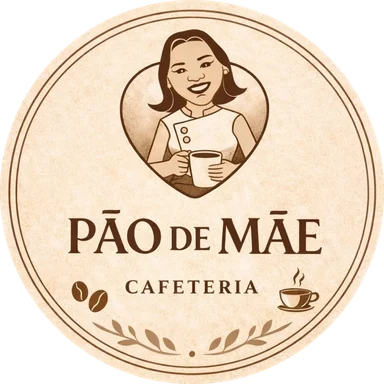 Logo da Cafeteria Pão de Mãe: ilustração da mãe sorrindo com uma xícara de café nas mãos